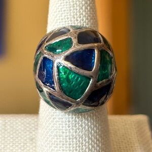 Unique Vintage Sterling Silver Enameled Mosaic Dome Ring Size 7 Handmade 925
